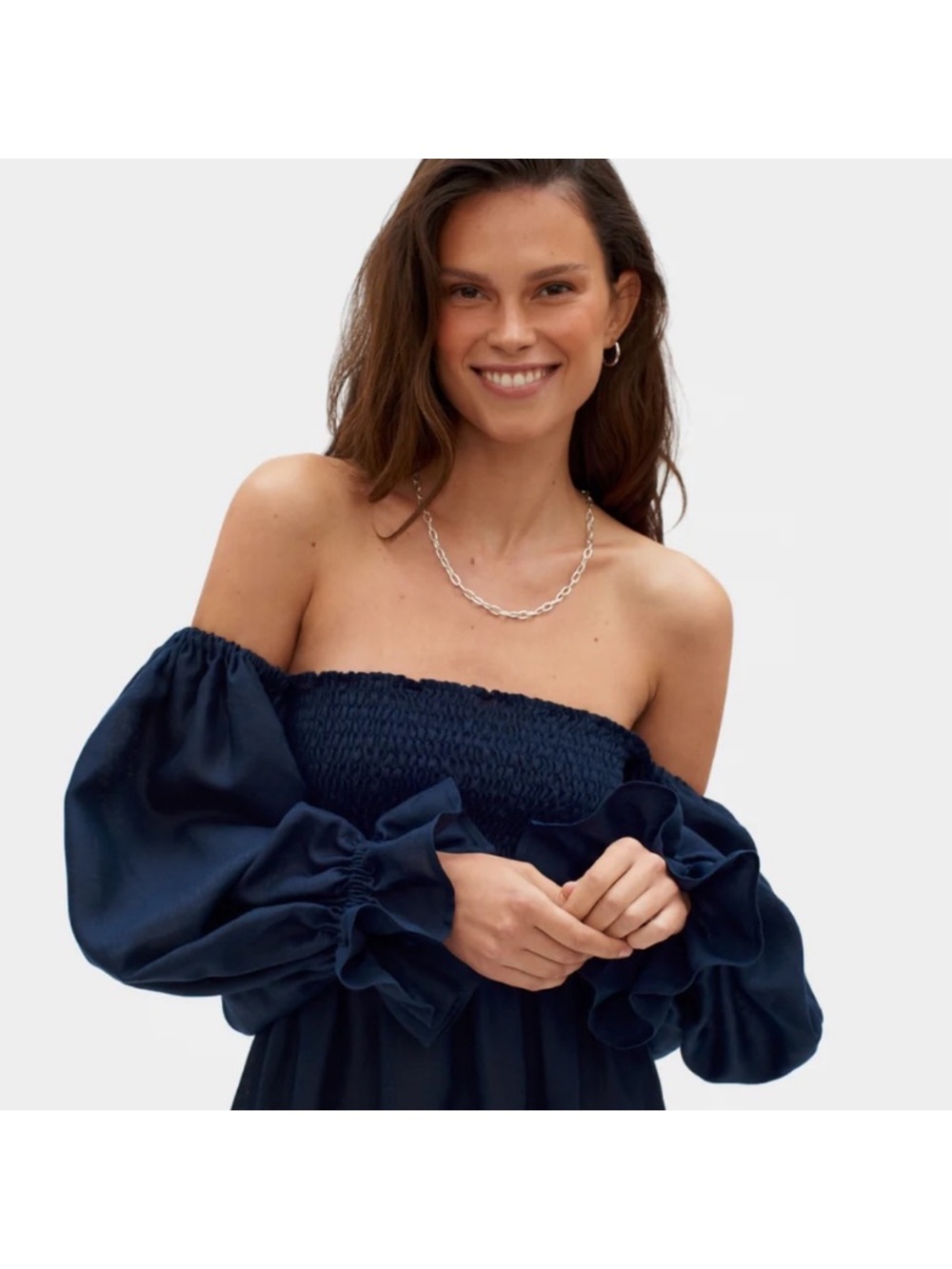 Sleeper Strapless Black Smocked Bodice Dress with Balloon Sleeves